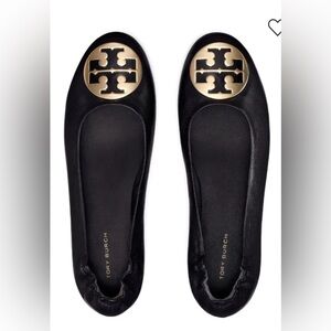 NWT- Tory Burch Black Flats with Gold Logo